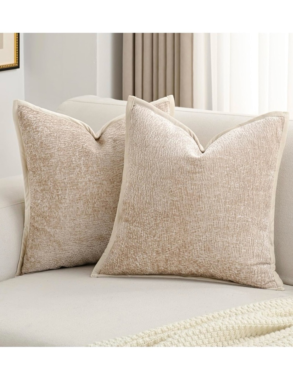 (2) Beige Chenille Zippered Pillow Covers
